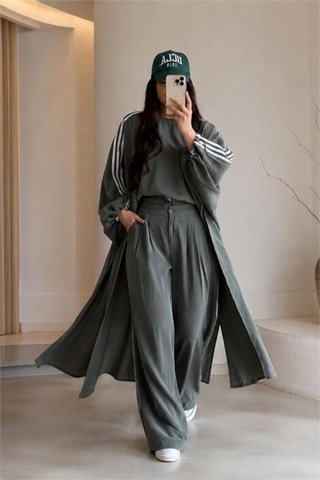 Neşeli Butik Kadın Haki Şerit Detaylı Oversize Tunik Pantolon İkili Tesettür Takım Nms102