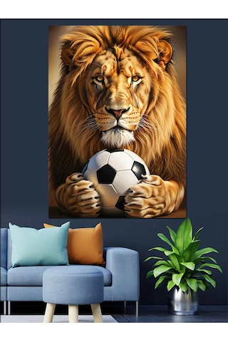 Ahşap Tablo Futbol Oynayan Aslan Kral
