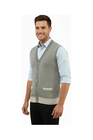 Çizgi Triko Erkek Düğmeli Yelek Cepli Çelik Örgü Klasik Kalıp 5208l Bgl-st04964 Taş