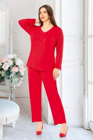 Faal 8806 Kadın Büyük Beden Uzun Kollu Pijama Takım-kırmızı Kırmızı