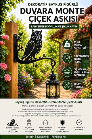 Baykuş Figürlü Metal Çiçek Askısı Duvara Monte Saksı Tutacağı Dekoratif Bahçe Balkon Veranda Askısı Siyah Baykus2