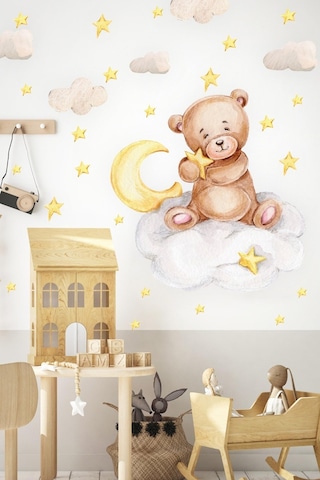 Ayda Oturan Ayıcık Yıldızlar Ve Ay Çocuk Bebek Odası Duvar Sticker Seti