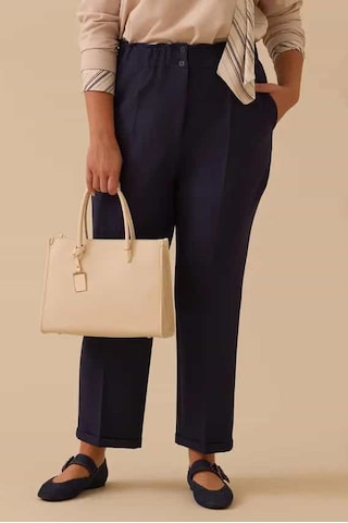 Kadın Büyük Beden Elastik Bel Bilek Boy Pantolon - Lacivert 4358890