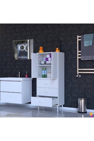 Modilayn İlkim 60 X 138 X 32,5 Cm' Lik Kapak İçi Çift Raflı Ve 3 Çekmeceli Düzen Harikası Dolap Beyaz