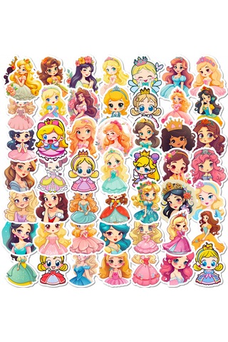 50 Çizgi Film Genç Prenses Çıkartması Çok Renkli