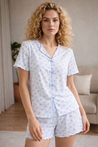 Nisanca Minimal Desenli Kısa Kollu Kadın Şortlu Pijama Takımı Alaçatı Desenli Yazlık Kadın Pijama Takımı Şortlu Ev Giyim mavi