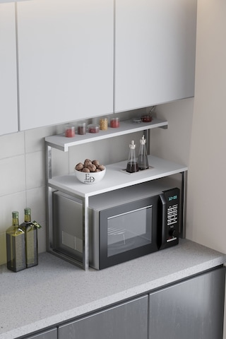 Akik 2 Raflı Metal Çok Amaçlı Mutfak Rafı / Tezgah Üstü Raf Gümüş Metal - Beyaz Tabla Beyaz