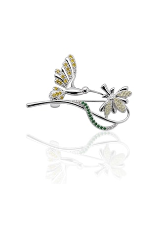 Oya Silver Renkli Zirkon Sinek Kuşu Ve Çiçek Taşlı Broş 3.2x1.7cm Oyot404 Gümüş