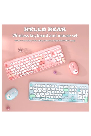 Geezer Hello Bear Kablosuz Klavye Mouse Seti 2.4g Sevimli Ayıcık Desenli Yuvarlak Tuşlu 104 Tuş Renkli Set Optik