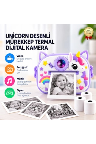BLUE-6 Anında Baskılı Çocuk Fotoğraf Makinesi,unicorn Desenli,termal Baskılı Dijital Kamera-1804