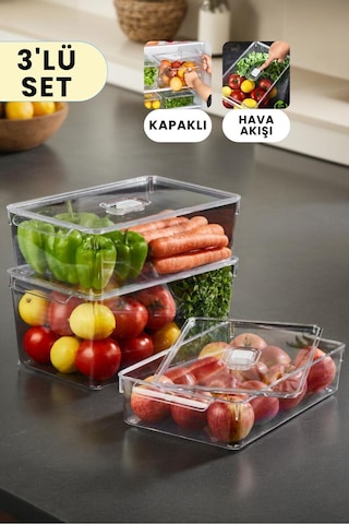 Buzdolabı Dolapiçi Düzenleyici Organizer Kapaklı 3'lü Set Mini, Midi, Maxi Şeffaf
