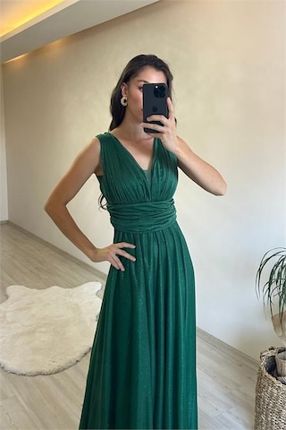 Neşeli Butik Kadın Drapeli Işıltılı Kalın Askılı Abiye Elbise Nm003 Zümrüt Yeşili