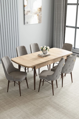 Zümra Serisi, Meşe Desen 80x132 Açılabilir Mdf Mutfak Masası Takımı 6 Adet Sandalye, Gri