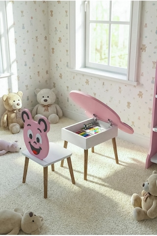 Çocuk Masası & Çocuk Sandalyesi Happy Face Sevimli Figürlü Set Pembe