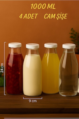 Rotanev 4 Adet Beyaz Plastik Kapaklı Cam Şişe 1 Litre Şeffaf Sürahi Süt, Ayran, Su, Limonata Meşrubat Şişesi