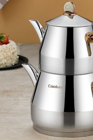 Everest 18/10 Paslanmaz Çelik Orta Boy Çaydanlık 0,75 L Demlik 1,75 L Alt Hazne Krem