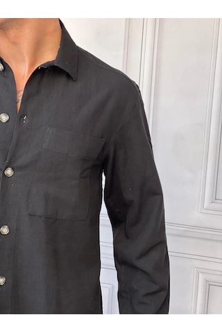 Modefendi Tek Cepli Keten Yazlık Oversize Gömlek Siyah