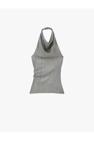 Koton Kolsuz Drape Detaylı Metalik Parlak Degaje Halter Yaka Bluz Gri 5sak10308ek Gri