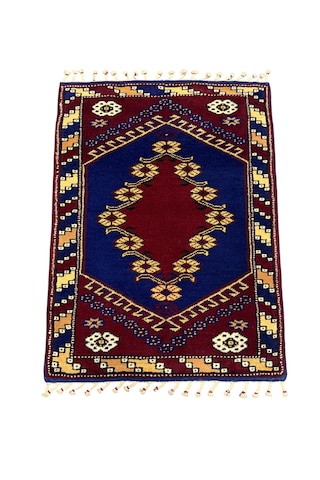 El Dokuma Kız Bergama Halısı 69x94 Kök Boya Lacivert Bordo %100 Yün Halı