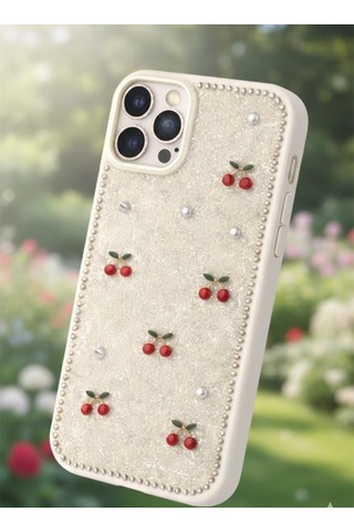 Apple Uyumlu iPhone 13 Pro Kiraz Figürlü Simli İnci Taşlı Lüx Silikon Kılıf Krem