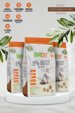 Olivacat Zeytin Çekirdeğinden Üretilen Doğal Tozsuz Kedi Kumu 3 x 7 L
