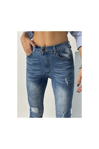Blue Marlın Kadın Lazer Yırtık Mavi İşlemli Kot Dar Paça Pantolon Jeans Lacivert
