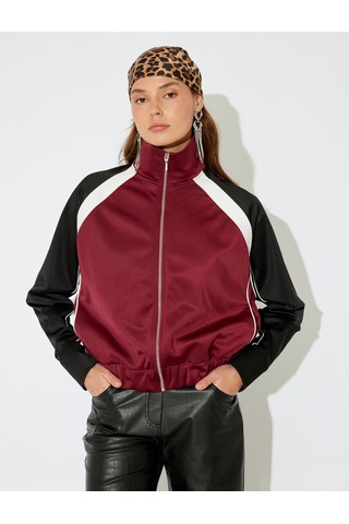 Koton Koton X İnji - Fermuarlı Dik Yaka Renk Bloklu Rahat Kalıp Sweatshirt Bordo 5wal10673ık Bordo
