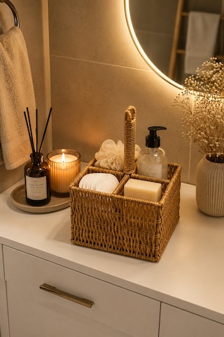 Porsima Dhz07349 Dekoratif Doğal Hasır 4 Bölmeli Banyo Mutfak Organizeri Banyo Mutfak Düzenleyici 15x15x11,5cm Diğer