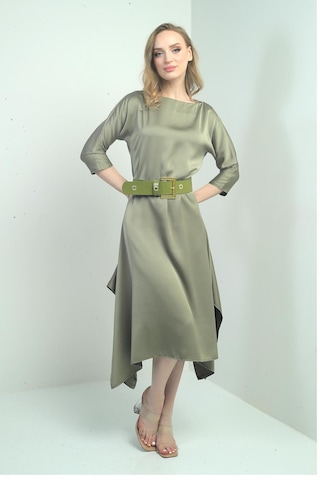 By Saygı Kadın Çeyrek Kollu Beli Kemerli Asimetrik Krep Saten Midi Elbise-40625 Olive