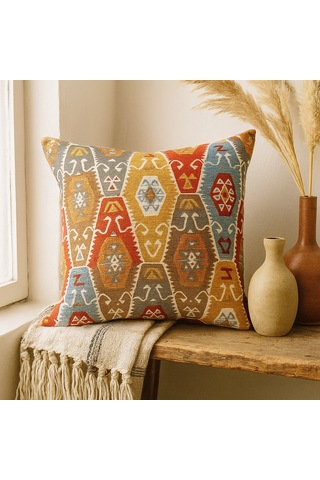 Etnik Desenli Kilim Dokulu Kırlent Kılıfı 40 x 40