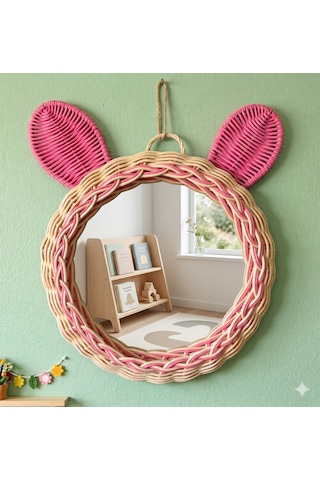 El Örgüsü Çocuk Odası Aynası- Rattan Pembe Kulaklı Dekoratif Ayna El Örgüsü Çocuk Odası Aynası- Rattan Pembe Kulaklı Dekoratif Ayna
