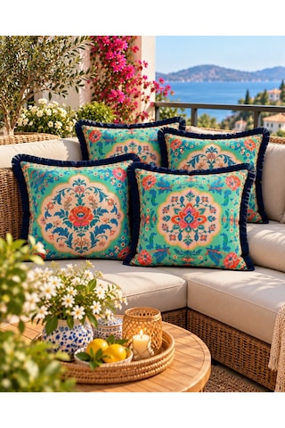 Oriental Bloom Çiçek Desenli 4 Lü Saçaklı Kırlent Kılıfı 45 x 45