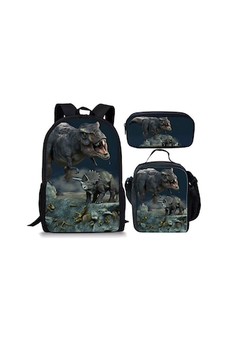 Xindoker Jurassic World Dino Mutfak Çantası + Okul Çanta + Kalem Kutusu 3'lü Set - Öğrenci Çantaları Ve Okul Malzemeleri Siyah