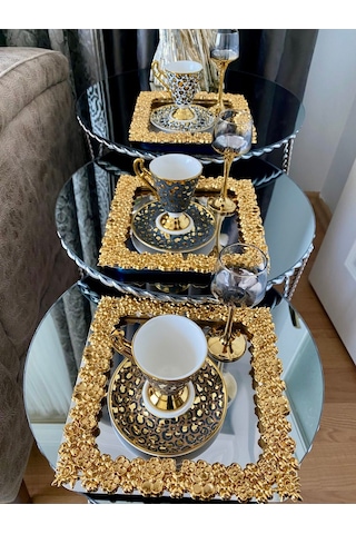 Atabey Home Collection 4 Adet Kahve & Çay & Sunum Tepsisi Metal Döküm Full Döküm Model