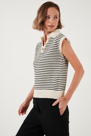 Lela Çizgili V Yaka Triko Bayan Süveter 4616171 Krem-Siyah