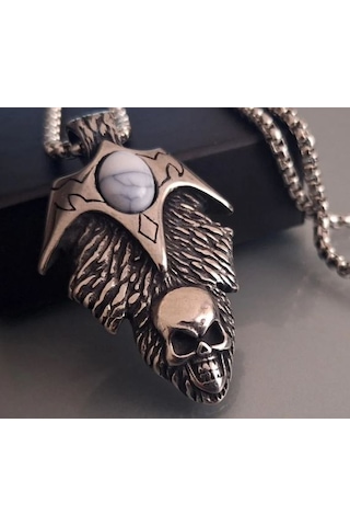 Paslanmaz Çelik Turkuaz Taş Detaylı Haç Kurukafa Kolye