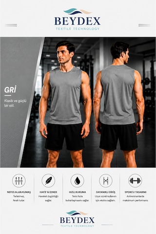 Beydex Erkek Nem Emici Hızlı Kuruma Atletik Teknik Sporcu Sıfır Kol T-shirt Gym Gri