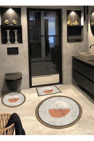Soyut - Pamuk Dokuma Taban Yuvarlak Banyo Halısı 100x100-60x60-4 Renkli