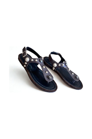 Ne&ve Shoes Kahve Hakiki Deri Kadın Parmak Arası Taşlı Sandalet Kahverengi