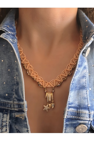 Makrome Bohem İp Örme Siyah El Yapımı Bağlamalı Kolye Pembe