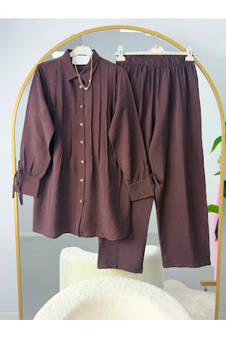 Lovie Moda Pile Detaylı Gömlek Pantolonlu Takım Kahverengi Lovie Moda Pile Detaylı Gömlek Pantolonlu Takım Kahverengi