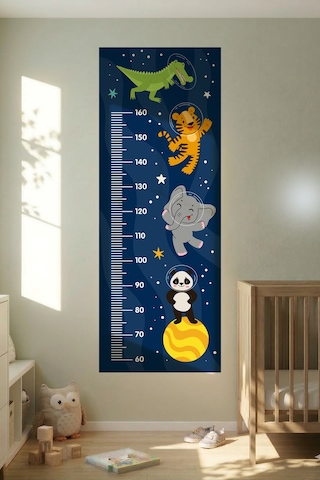 Sevimli Hayvanlar Uzayda Temalı Dekoratif Çocuk Boy Ölçer Sticker Duvar Cetveli Takip Çizelgesi