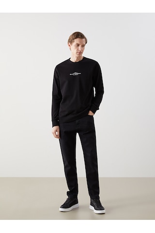 Lcwaıkıkı Classic Siyah Bisiklet Yaka Uzun Kollu Baskılı Erkek Sweatshirt