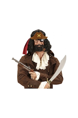 Kahve Renk Şapkalı Siyah Sakallı Pipolu Jack Sparrow Denizci Korsan Gözlüğü 24x25 Cm Yetişkin