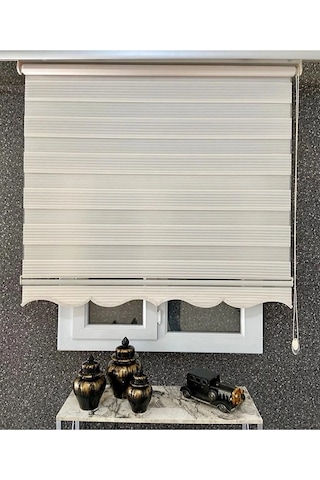 Krem Geniş Pliseli Zebra Stor Perde Eteği Dilimli Alüminyum Kasa+metal Ayak