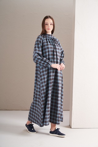 Boynu Büzgülü Elbise Küçük Kareli Kahve Lacivert Kahverengi - Lacivert