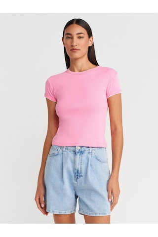 Dilvin 31750 Kontrast Kısa Kollu Tshirt-pembe Pembe