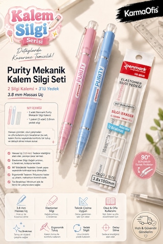 Pastel Mavi Ve Pembe Purity Mekanik Kalem Silgi Seti 3.8 Mm 2 Adet Silgi Kalemi+3 Lü Silgi Yedeği