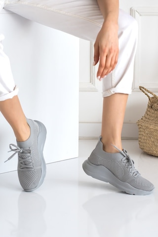 Kadın Triko Sneaker Bağcıklı Çorap Bileklik Detaylı Spor Ayakkabı 017 Buz