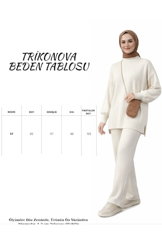 Trikonova Balon Kol Bol Paça Alt Üst Kadın Triko Tesettür Takım Krem
